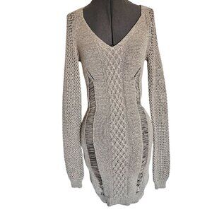 David Bitton Vesta Distressed knit sweater dress size M long sleeve midi tan gre